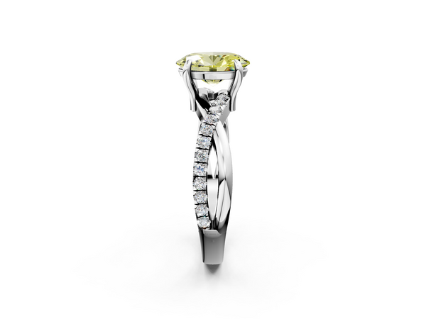 White gold Fancy Yellow Oval  Cut Twist Band Solitaire Diamond Ring with Pavé Setting