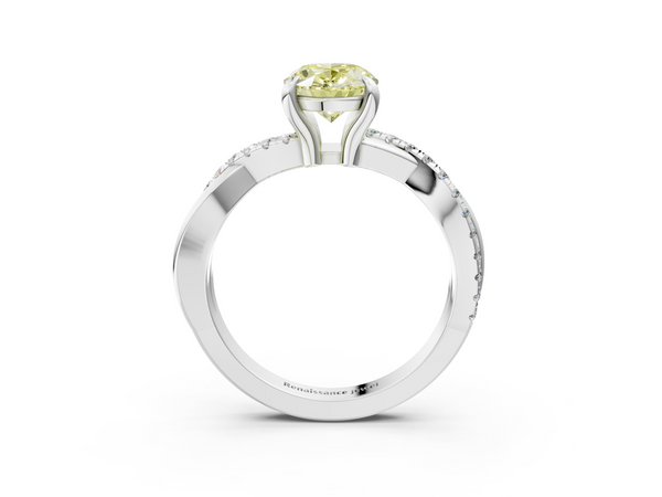 White gold Fancy Yellow Oval  Cut Twist Band Solitaire Diamond Ring with Pavé Setting