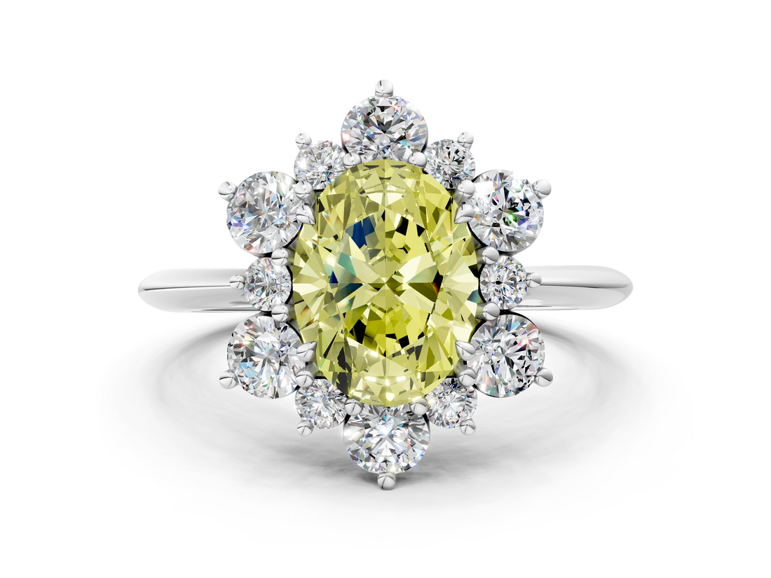 White gold Fancy Yellow Oval  Diamond Cluster Halo Ring with Solitaire Band and Four-Prong Setting_20