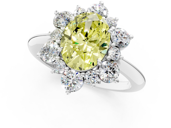 White gold Fancy Yellow Oval  Diamond Cluster Halo Ring with Solitaire Band and Four-Prong Setting