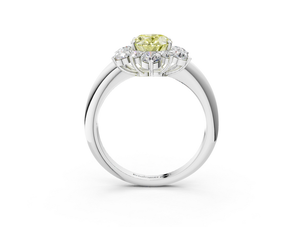 White gold Fancy Yellow Oval  Diamond Cluster Halo Ring with Solitaire Band and Four-Prong Setting