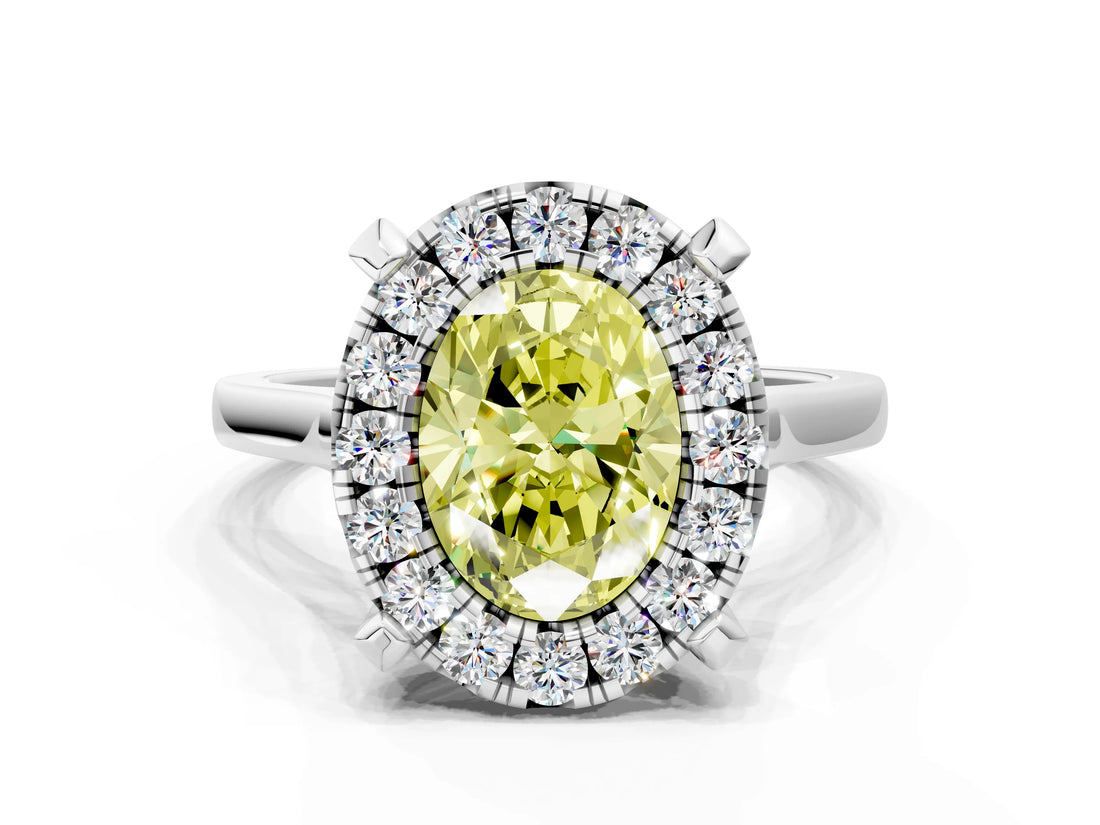 White gold Fancy Yellow Oval  Diamond Cluster Halo Solitaire with Four-Prong Setting_106