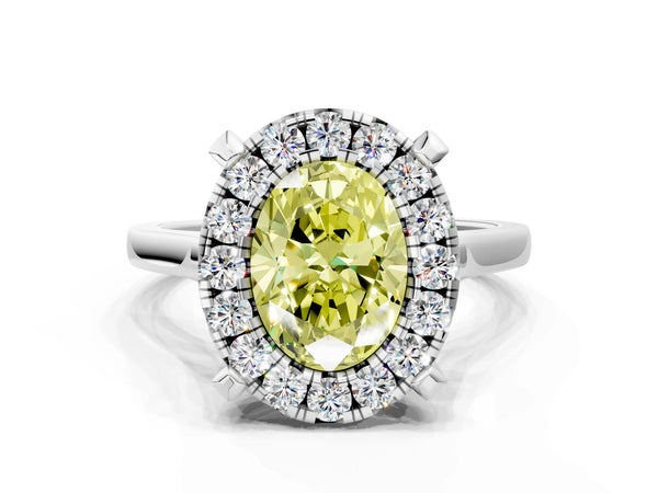 White gold Fancy Yellow Oval  Diamond Cluster Halo Solitaire with Four-Prong Setting
