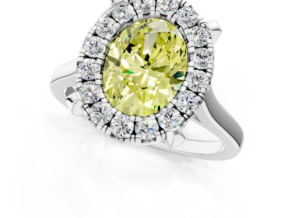 White gold Fancy Yellow Oval  Diamond Cluster Halo Solitaire with Four-Prong Setting