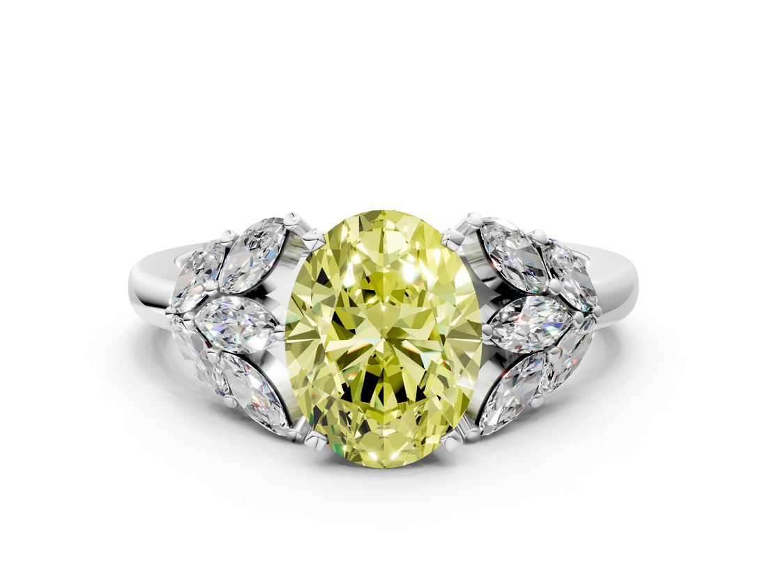 White gold Fancy Yellow Oval  Diamond Cluster Leaf Design Ring with Prong Setting_63