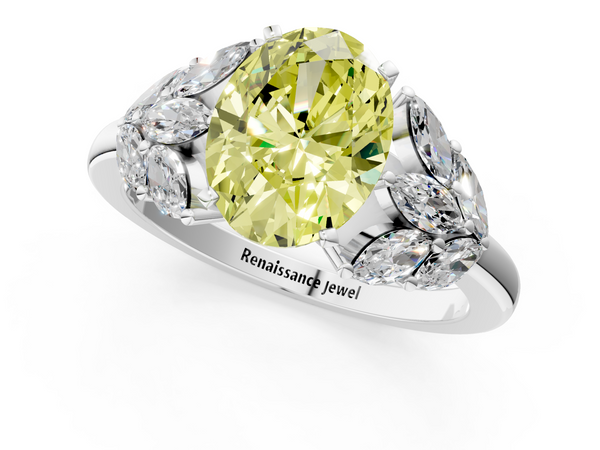 Platinum Fancy Yellow Oval  Diamond Cluster Leaf Design Ring with Prong Setting