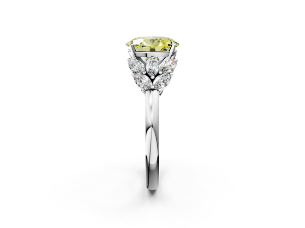 Platinum Fancy Yellow Oval  Diamond Cluster Leaf Design Ring with Prong Setting