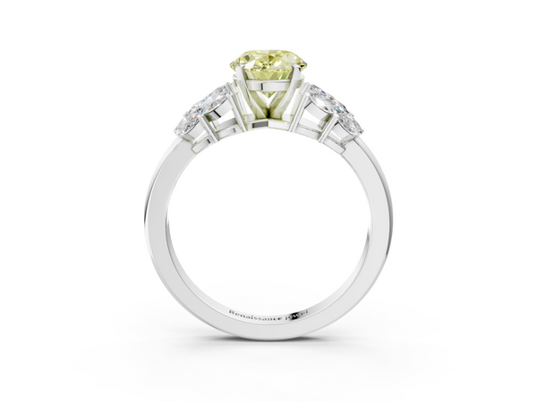 Platinum Fancy Yellow Oval  Diamond Cluster Leaf Design Ring with Prong Setting