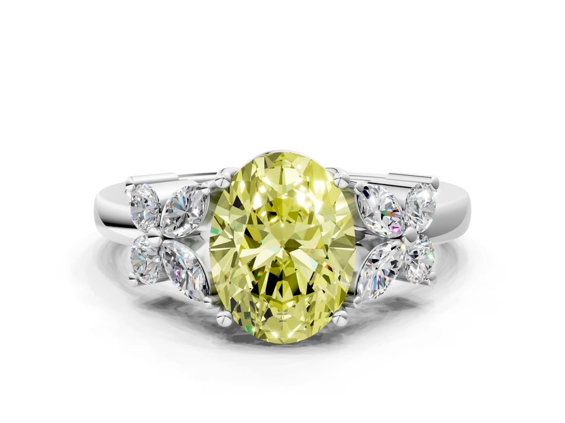 White gold Fancy Yellow Oval  Diamond Floral Cluster Ring with Solitaire Band and Prong Setting_80