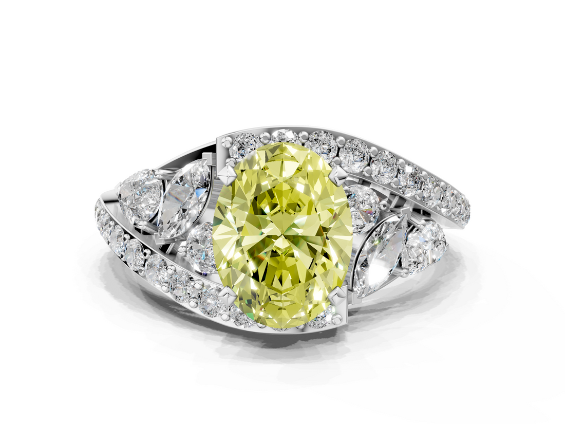 White gold Fancy Yellow Oval  Diamond Halo Ring with Marquise and Pavé Band in Prong Setting_45