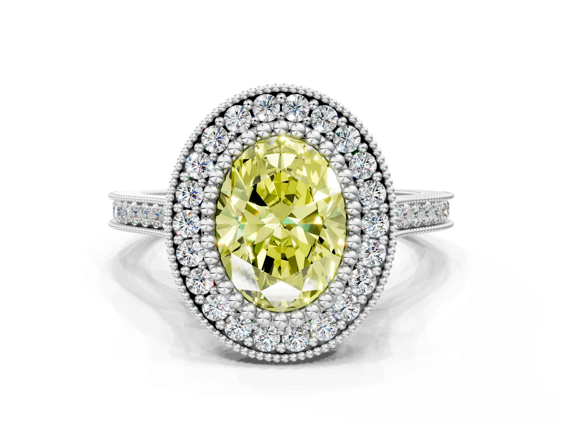 White gold Fancy Yellow Oval  Diamond Halo Ring with Milgrain Frame and Pavé Band_72
