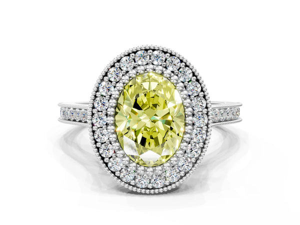 White gold Fancy Yellow Oval  Diamond Halo Ring with Milgrain Frame and Pavé Band