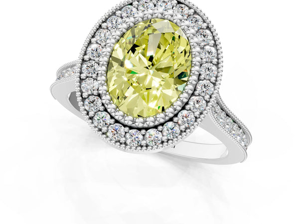 White gold Fancy Yellow Oval  Diamond Halo Ring with Milgrain Frame and Pavé Band