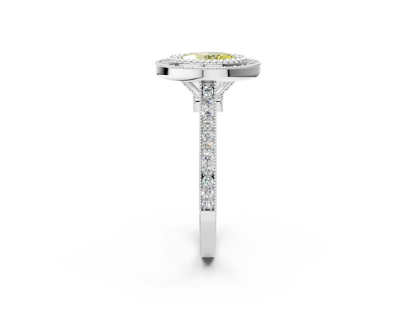 White gold Fancy Yellow Oval  Diamond Halo Ring with Milgrain Frame and Pavé Band