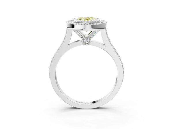 White gold Fancy Yellow Oval  Diamond Halo Ring with Milgrain Frame and Pavé Band