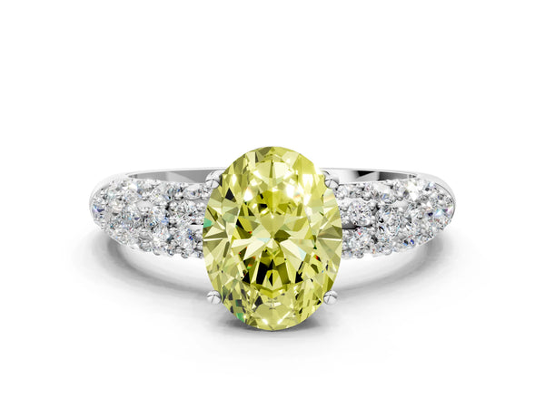 Platinum Fancy Yellow Oval  Diamond Pavé Band Solitaire Ring with Four-Prong Setting