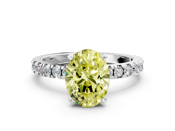 White gold Fancy Yellow Oval  Diamond Pavé Band Solitaire with Four-Prong Setting