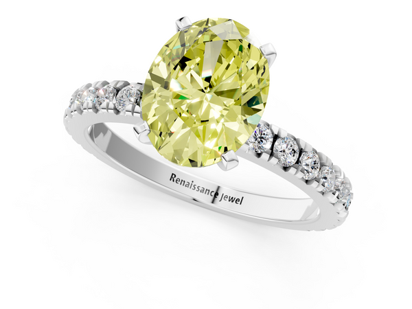 White gold Fancy Yellow Oval  Diamond Pavé Band Solitaire with Four-Prong Setting