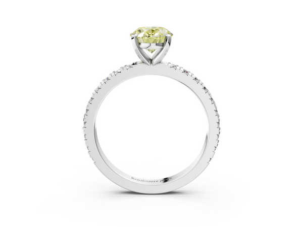 White gold Fancy Yellow Oval  Diamond Pavé Band Solitaire with Four-Prong Setting