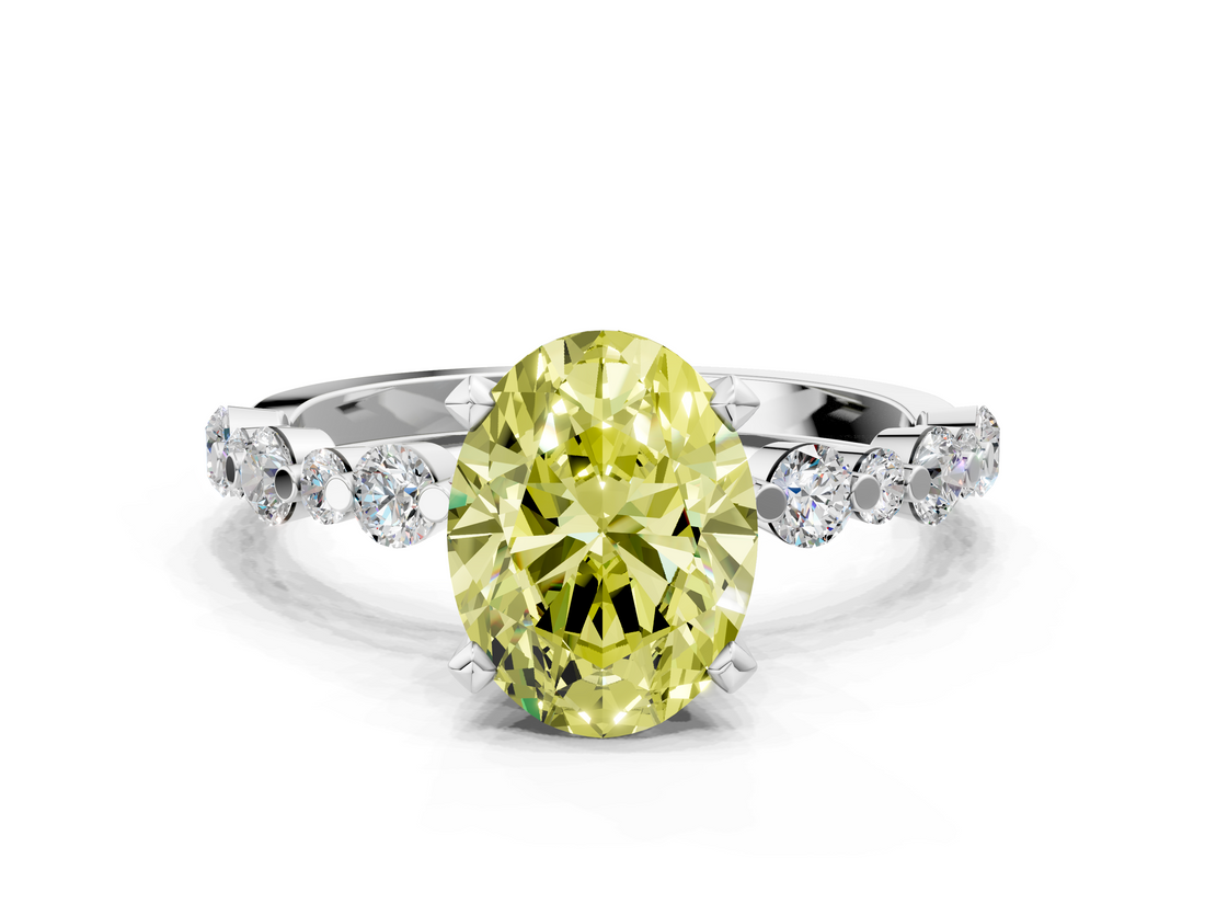 White gold Fancy Yellow Oval  Diamond Prong Set Engagement Ring with Pave Band_199