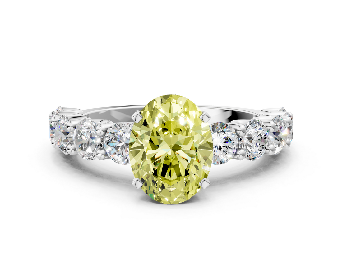 White gold Fancy Yellow Oval  Diamond Prong Setting with Side Stones on a Pave Band_129