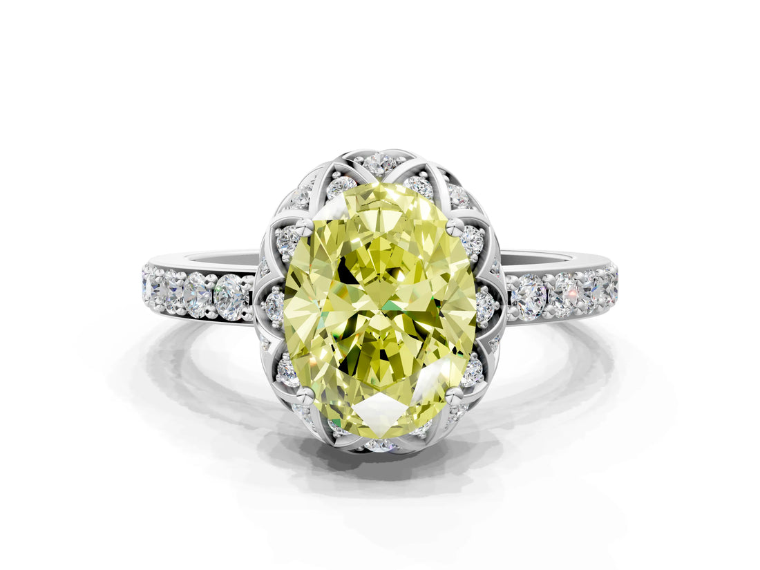 White gold Fancy Yellow Oval  Diamond Solitaire Ring with Shared Prong Pavé Band_66