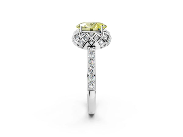 Platinum Fancy Yellow Oval  Diamond Solitaire Ring with Shared Prong Pavé Band