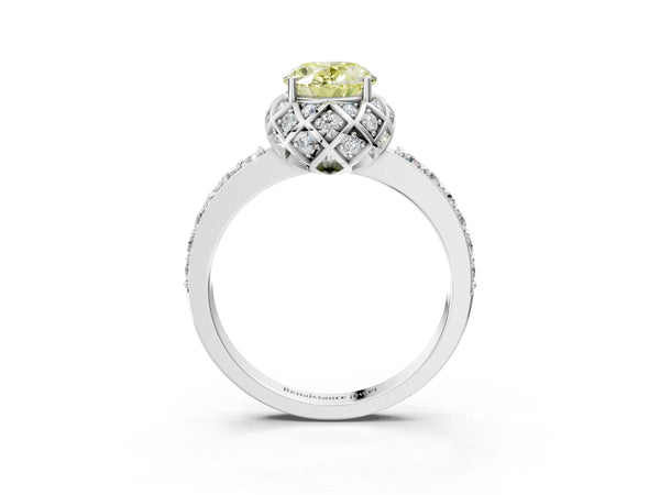Platinum Fancy Yellow Oval  Diamond Solitaire Ring with Shared Prong Pavé Band