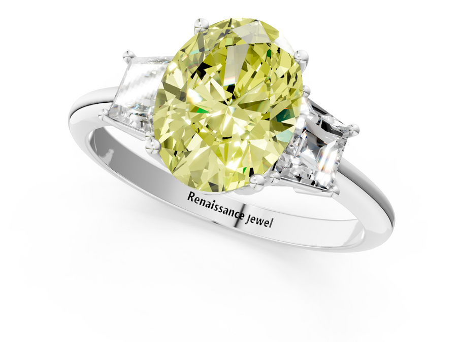 White gold Fancy Yellow Oval  Diamond Three-Stone Ring with Trapezoid Side Stones and Prong Setting