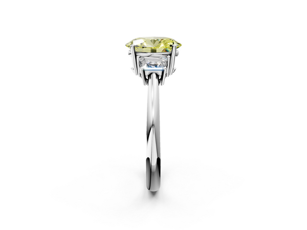 White gold Fancy Yellow Oval  Diamond Three-Stone Ring with Trapezoid Side Stones and Prong Setting