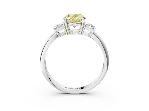 White gold Fancy Yellow Oval  Diamond Three-Stone Ring with Trapezoid Side Stones and Prong Setting