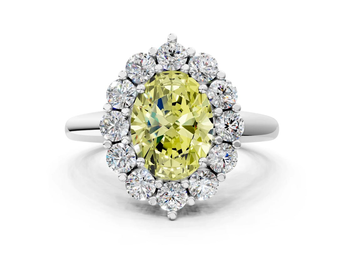 White gold Fancy Yellow Oval  Halo Cluster Diamond Engagement Ring with Prong Setting and Polished Band_111
