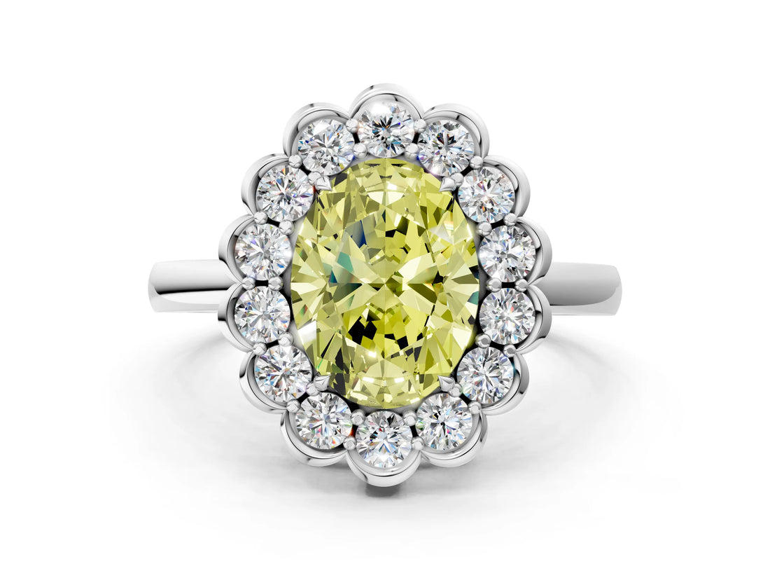 White gold Fancy Yellow Oval  Halo Cluster Diamond Engagement Ring with Solitaire Band and Prong Setting_66