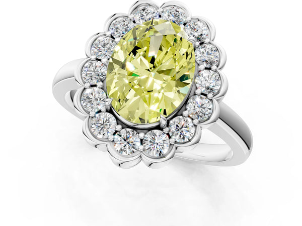 White gold Fancy Yellow Oval  Halo Cluster Diamond Engagement Ring with Solitaire Band and Prong Setting