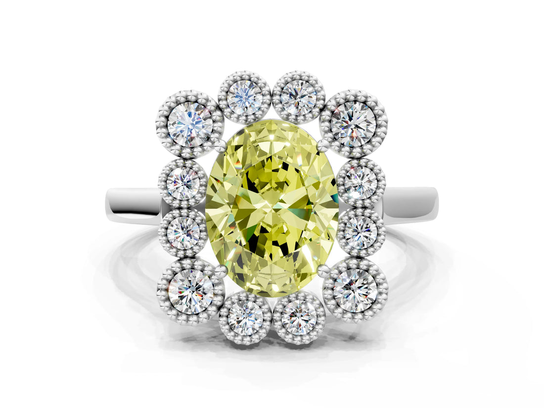 White gold Fancy Yellow Oval  Halo Diamond Cluster Engagement Ring with Milgrain Bezel Setting and Solitaire Band_25