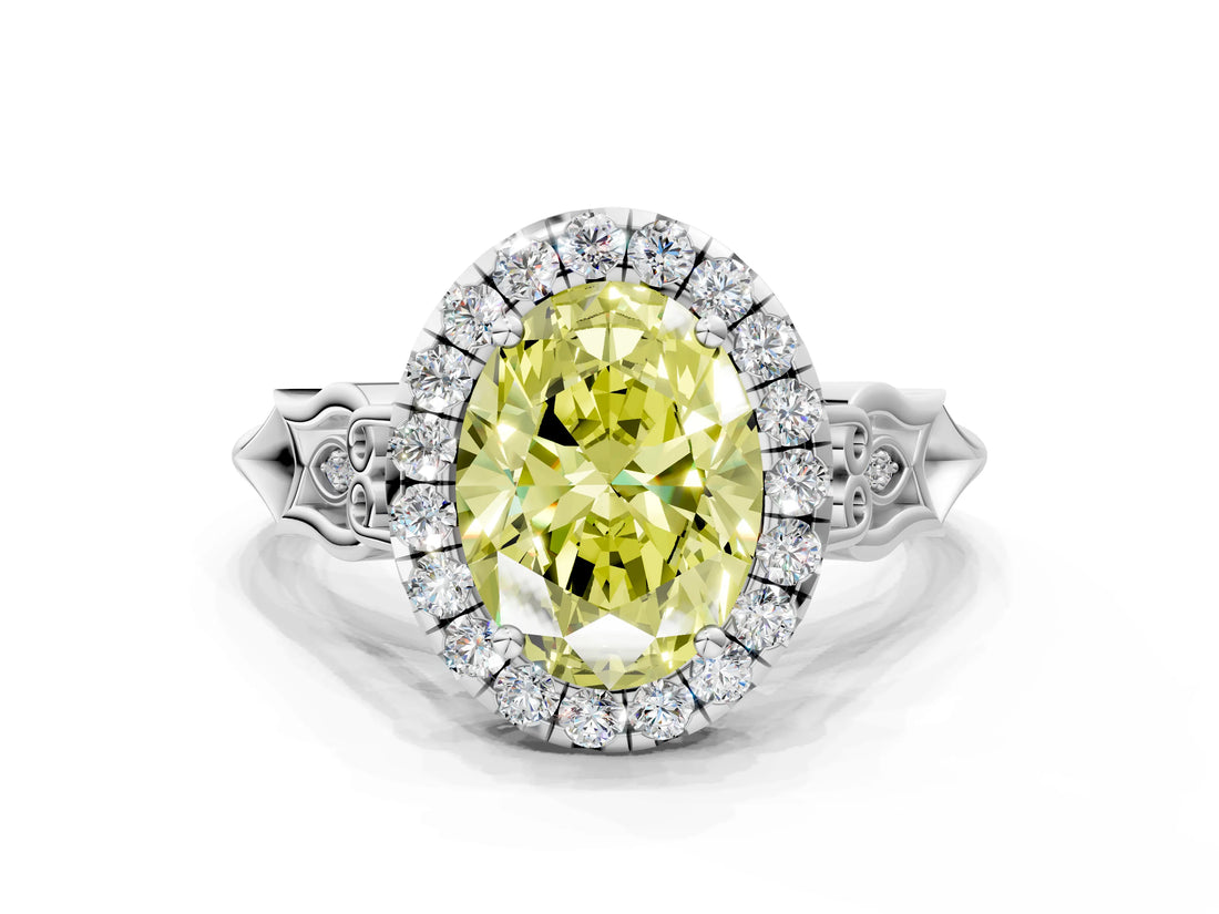 White gold Fancy Yellow Oval  Halo Diamond Engagement Ring with Filigree Band and Four-Prong Setting_105