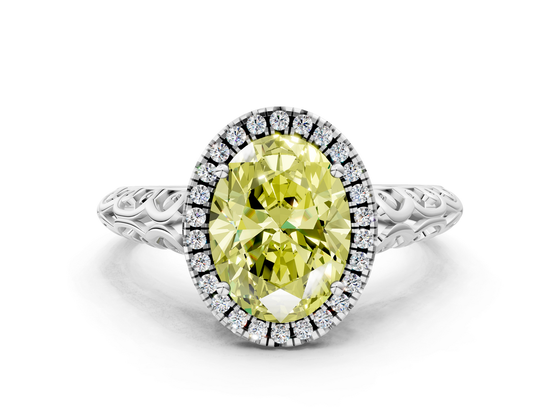 White gold Fancy Yellow Oval  Halo Diamond Engagement Ring with Intricate Filigree Band and Four-Prong Setting_37