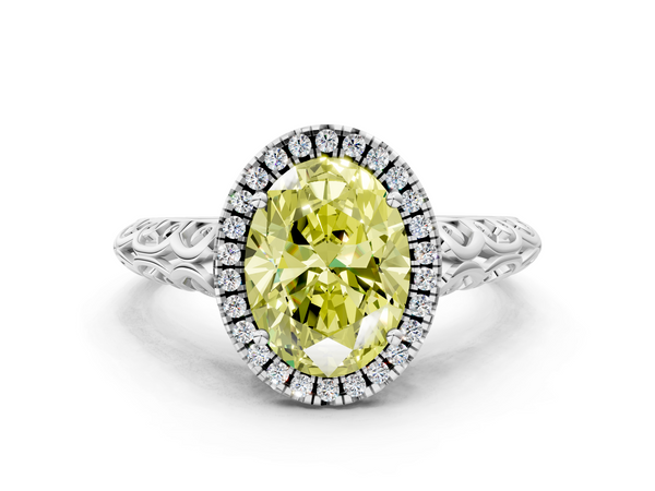 Platinum Fancy Yellow Oval  Halo Diamond Engagement Ring with Intricate Filigree Band and Four-Prong Setting