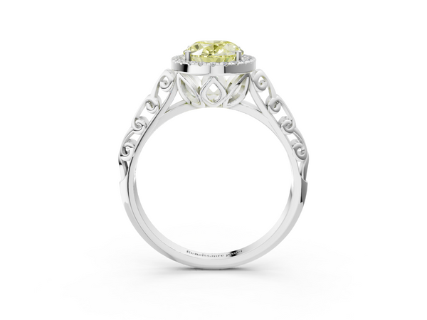 Platinum Fancy Yellow Oval  Halo Diamond Engagement Ring with Intricate Filigree Band and Four-Prong Setting