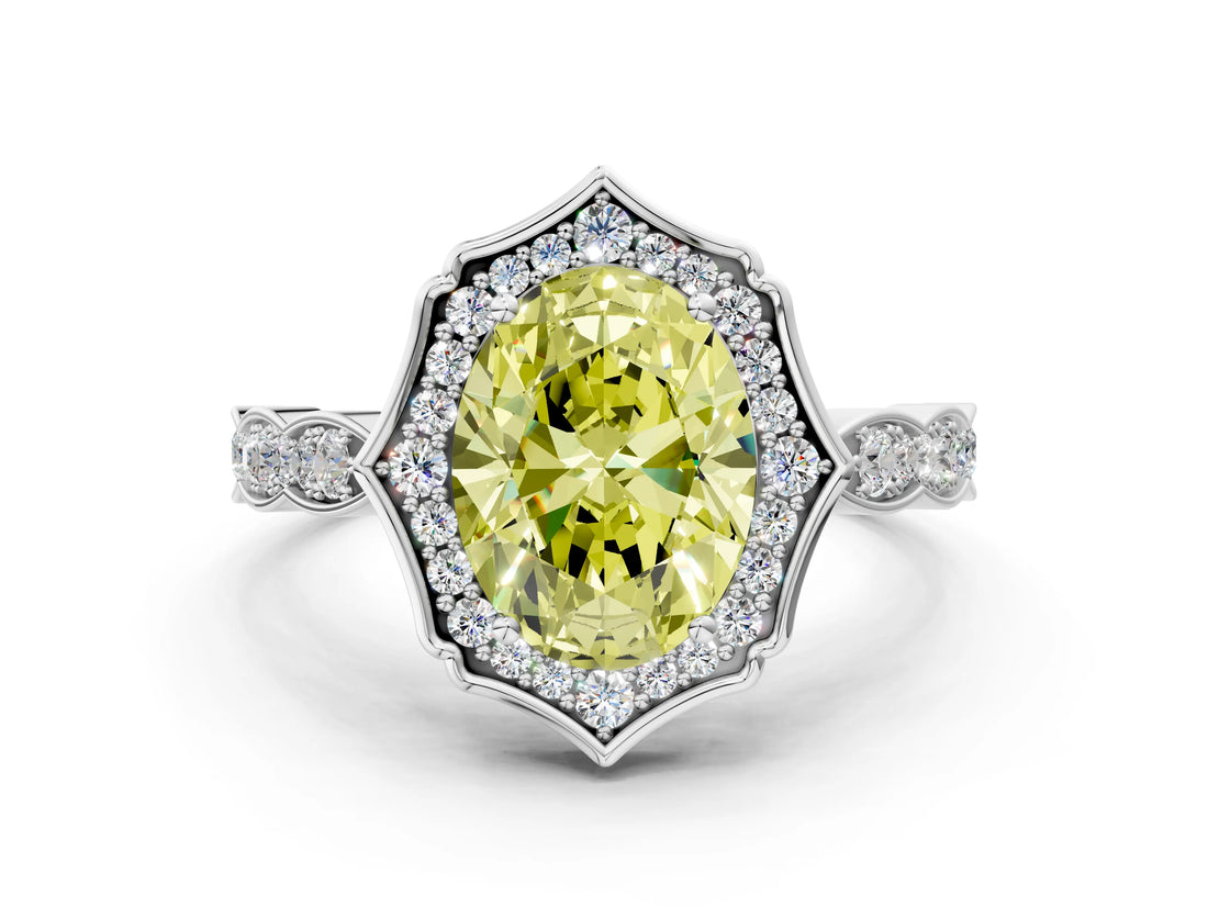 White gold Fancy Yellow Oval  Halo Diamond Engagement Ring with Milgrain Band and Four-Prong Setting_63