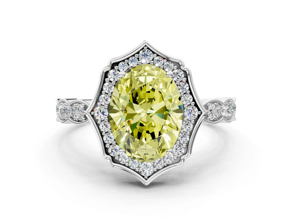 White gold Fancy Yellow Oval  Halo Diamond Engagement Ring with Milgrain Band and Four-Prong Setting