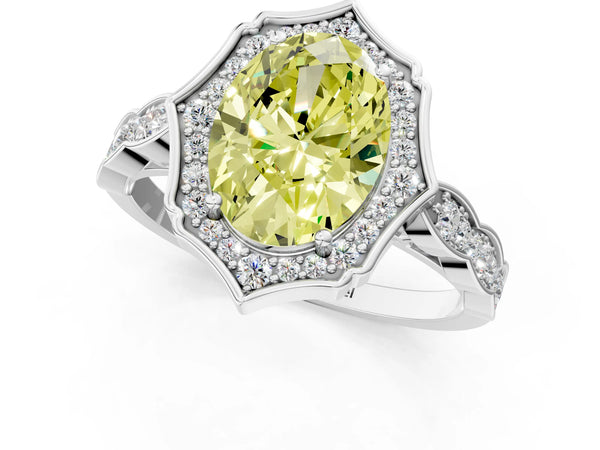 White gold Fancy Yellow Oval  Halo Diamond Engagement Ring with Milgrain Band and Four-Prong Setting