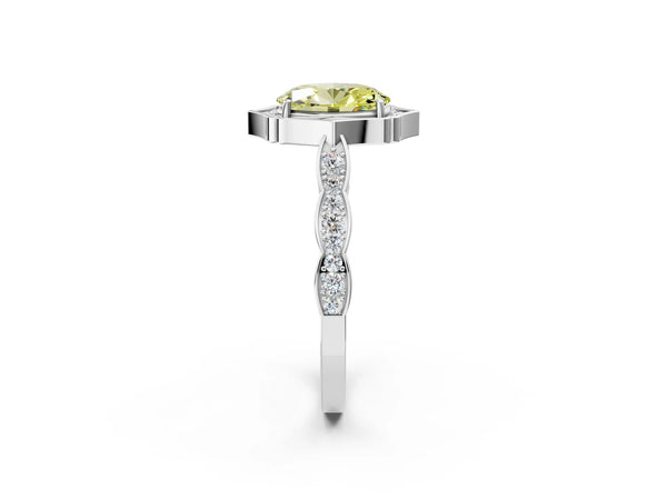 White gold Fancy Yellow Oval  Halo Diamond Engagement Ring with Milgrain Band and Four-Prong Setting