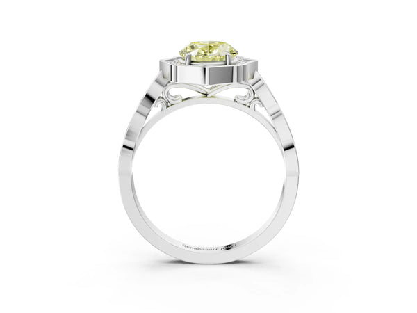 White gold Fancy Yellow Oval  Halo Diamond Engagement Ring with Milgrain Band and Four-Prong Setting