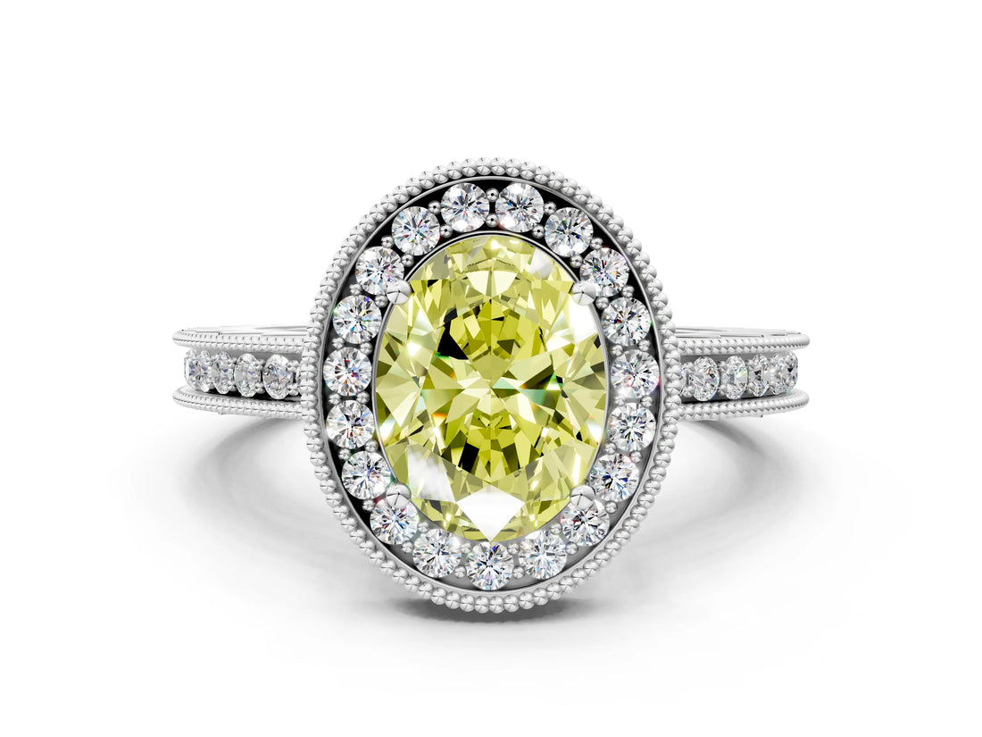 White gold Fancy Yellow Oval  Halo Diamond Engagement Ring with Milgrain Pave Band and Four-Prong Setting_87