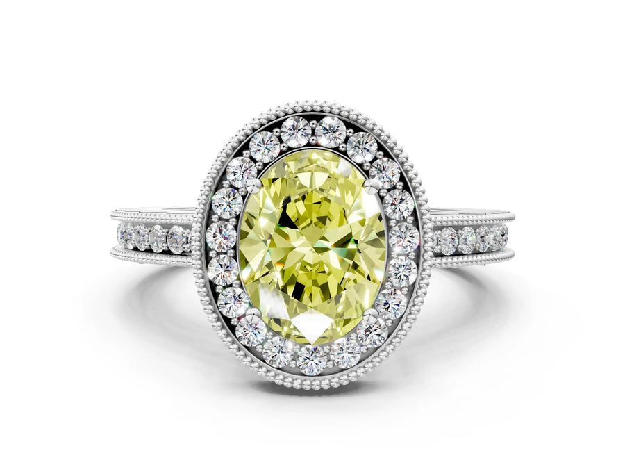 White gold Fancy Yellow Oval  Halo Diamond Engagement Ring with Milgrain Pave Band and Four-Prong Setting