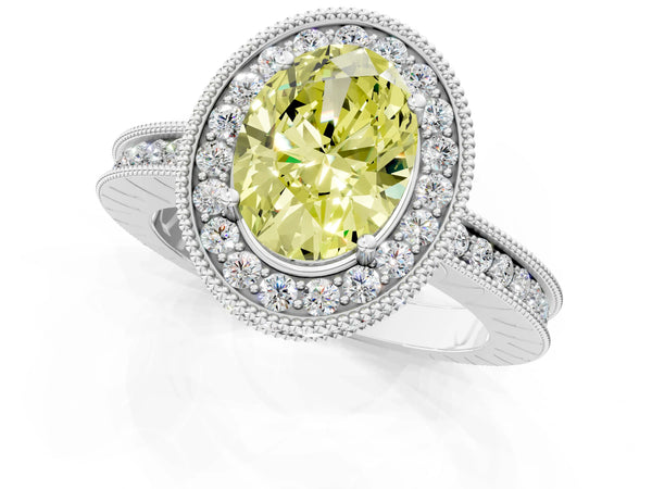 White gold Fancy Yellow Oval  Halo Diamond Engagement Ring with Milgrain Pave Band and Four-Prong Setting