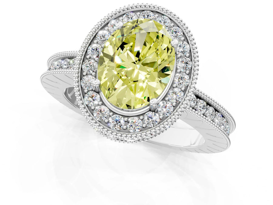 White gold Fancy Yellow Oval  Halo Diamond Engagement Ring with Milgrain Pave Band and Four-Prong Setting