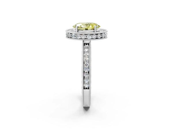 White gold Fancy Yellow Oval  Halo Diamond Engagement Ring with Milgrain Pave Band and Four-Prong Setting