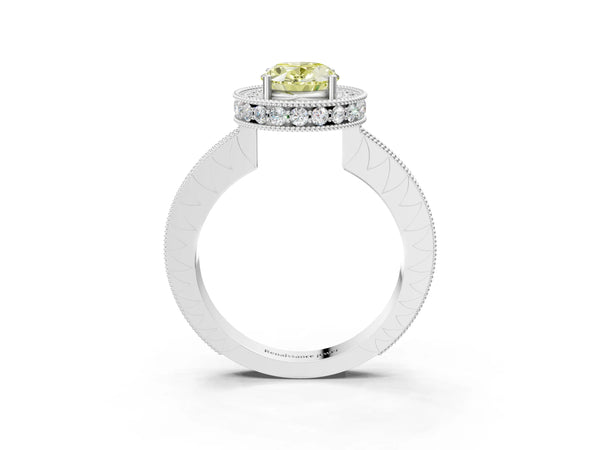 White gold Fancy Yellow Oval  Halo Diamond Engagement Ring with Milgrain Pave Band and Four-Prong Setting